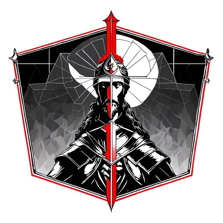 english templar knight one side and samuri the other side, with jesus christ in the middle tattoo design idea