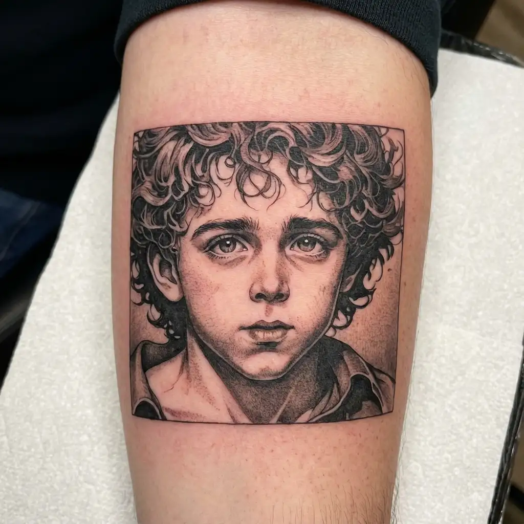 You could create a half-sleeve + chest tattoo that moves from the heart outward — starting with the dry-eyed boy, leadin tattoo design idea