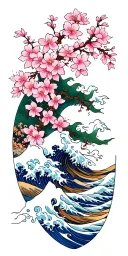 waves and cherry blossoms tattoo design idea