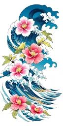waves and cherry blossoms tattoo design idea