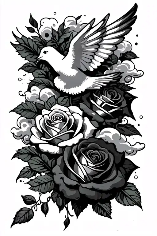 roses, dove, clouds surrounding tattoo design idea