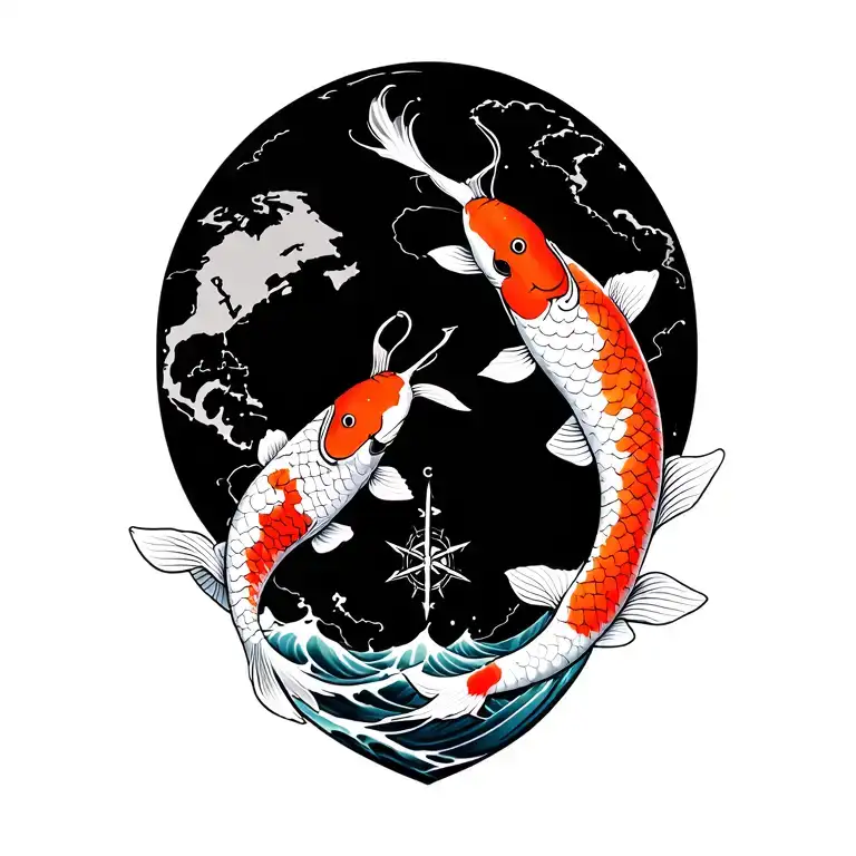 2 koi fish, japanese wave, world map, compass, anchor. tattoo design idea