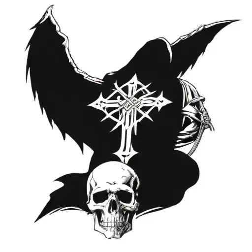 a grim reaper seated from behind to the right of the tattoo, and a celtic cross made of skulls to the left of the tattoo tattoo design idea