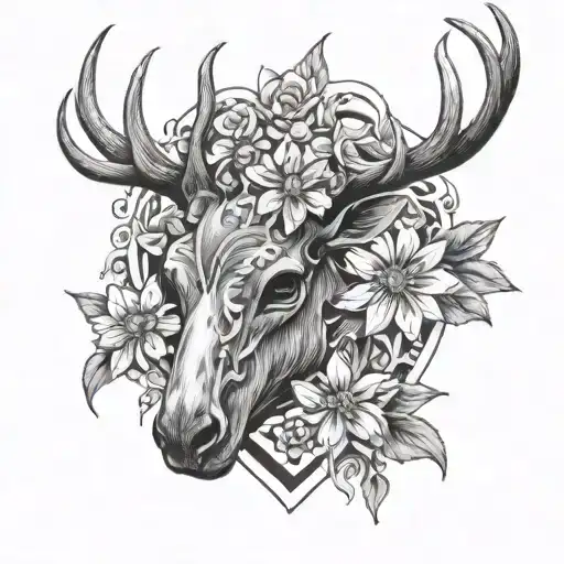 lilly of the valley and aster on deer scull attached to heart tattoo design idea