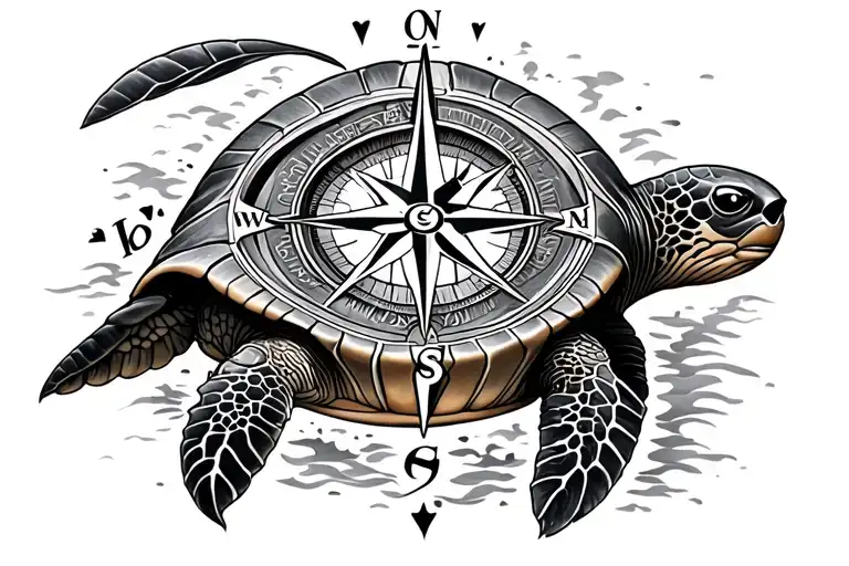 nautical compass within a sea turtle in a half sleeve style  tattoo design idea