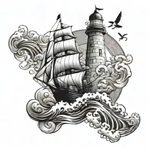 sailing ship waves lighthouse birds flying away tattoo design idea