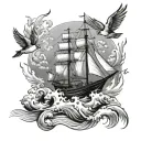 sailing ship waves lighthouse birds flying away tattoo design idea