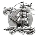 sailing ship waves lighthouse birds flying away tattoo design idea
