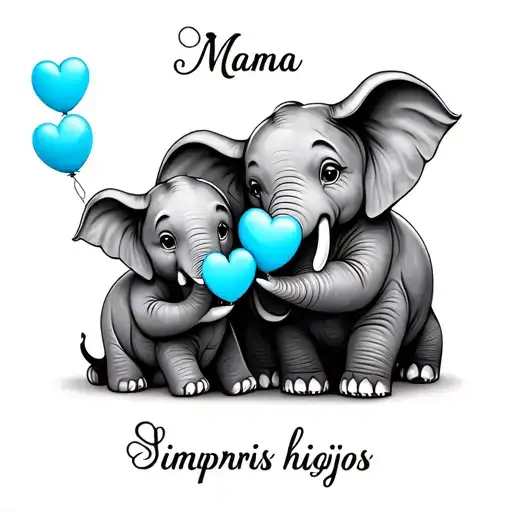 Mama and two baby elephant holding blue Ballon hearts and says Siempre mis hijos tattoo design idea