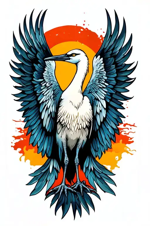 Crane with one wing front side view, one arm is a wing, detailed feathers and color variation between feathers. tattoo design idea