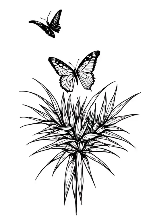 small dainty fine line tattoo of a yucca with a butterfly above it tattoo design idea