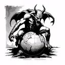 A black-and-white rough sketch-style tattoo design of a devil crouching atop a globe. The devil is a simplified silhouet tattoo design idea