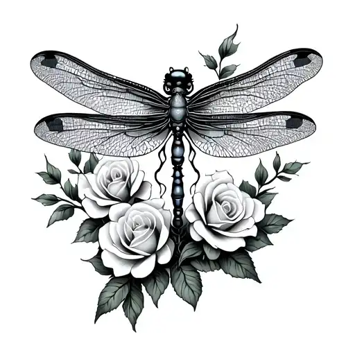 gothic style dragonfly with roses and cherry blossoms  tattoo design idea