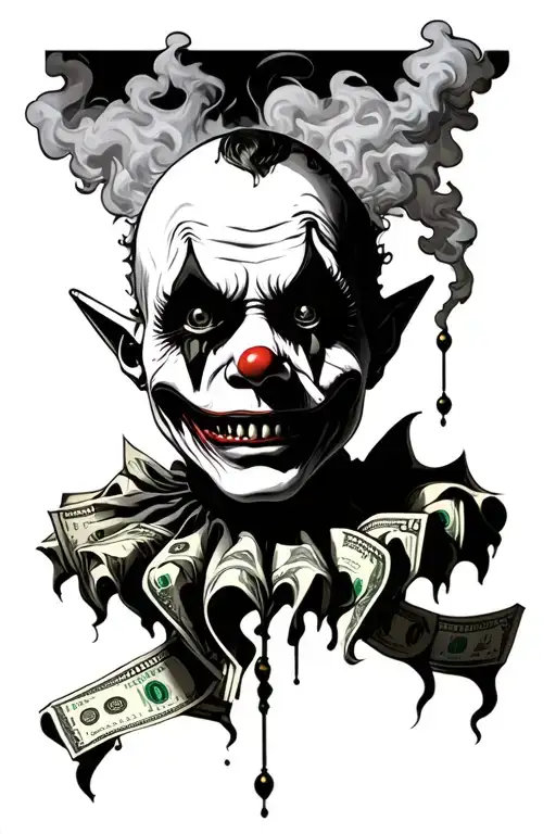 money evil smoke dead clown teeth honor wicked twisted  tattoo design idea
