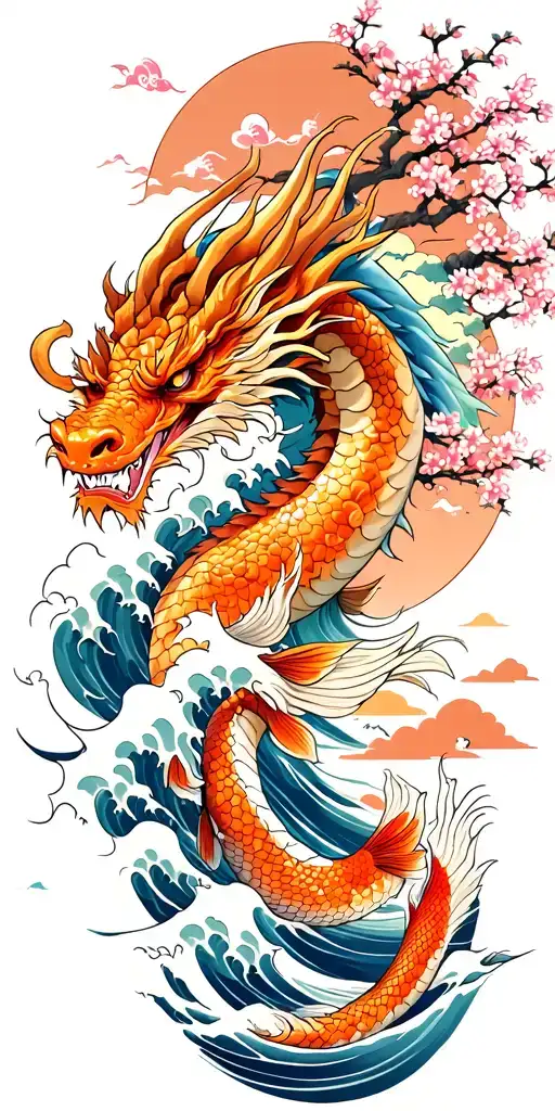 A fierce dragon emerging from the ocean waves with cherry blossom trees in the background with koi fish tattoo design idea