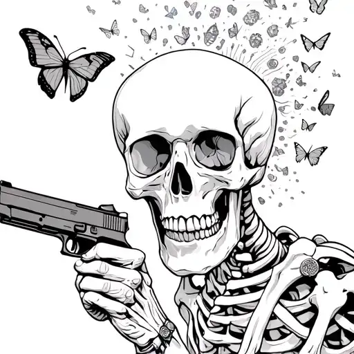 a Skeleton holding a glock (gun) in his hand pointed towards his skull. butterflies exploding from other side of sk tattoo design idea