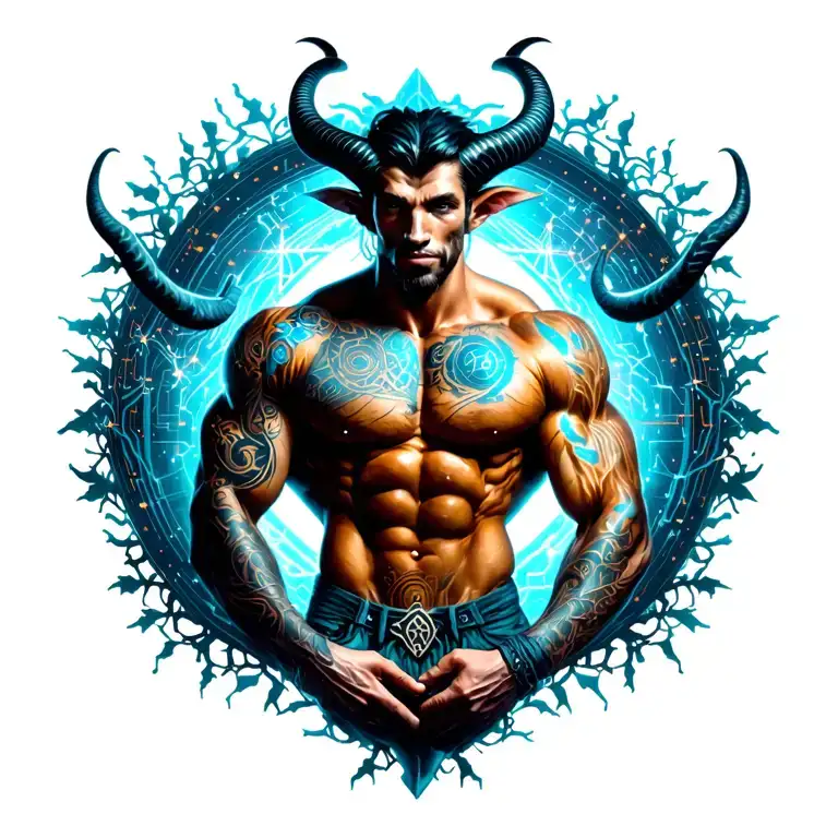 sexy gay male horned satyr with massive bodybuilder muscles flex. cyber tree roots, vines and constellations tattoo design idea