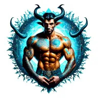 sexy gay male horned satyr with massive bodybuilder muscles flex. cyber tree roots, vines and constellations tattoo design idea