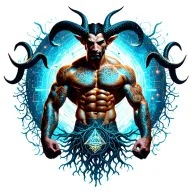 sexy gay male horned satyr with massive bodybuilder muscles flex. cyber tree roots, vines and constellations tattoo design idea