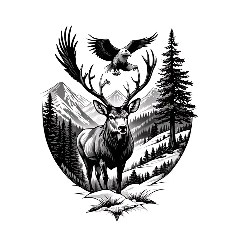 mountain background, trees, with a proud buck and eagle overhead, for lost family members  tattoo design idea