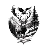 mountain background, trees, with a proud buck and eagle overhead, for lost family members  tattoo design idea