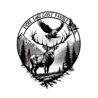 mountain background, trees, with a proud buck and eagle overhead, for lost family members  tattoo design idea