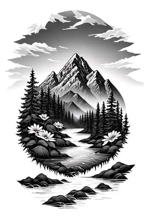 mountain range, stream, pine trees, flower mandala tattoo design idea