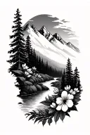mountain range, stream, pine trees, flower mandala tattoo design idea