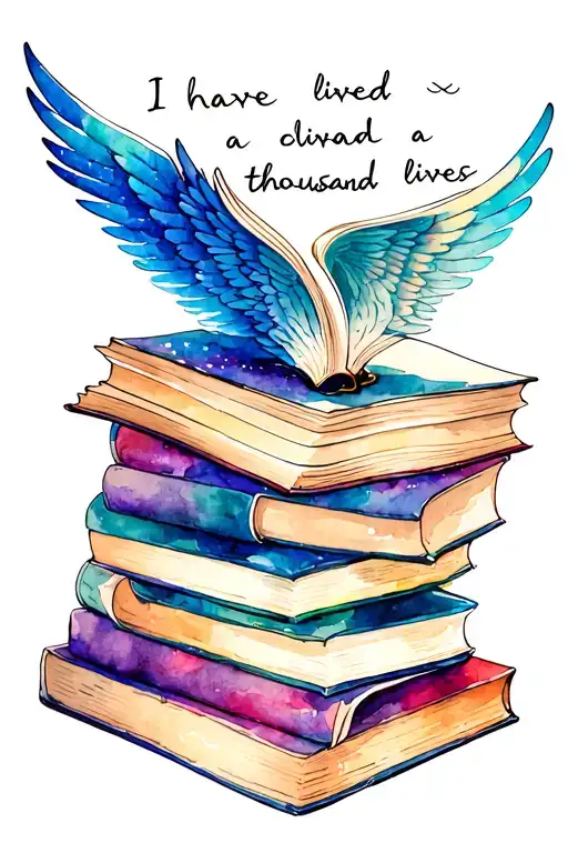 fantasy, stack of books, open book with wings, "i have lived a thousand lives" under books tattoo design idea