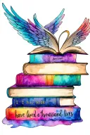 fantasy, stack of books, open book with wings, "i have lived a thousand lives" under books tattoo design idea