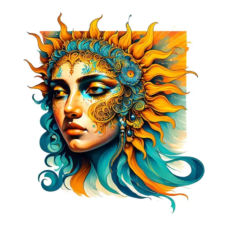 on a foot sun with a face that goes up the calf with beautiful designs  tattoo design idea