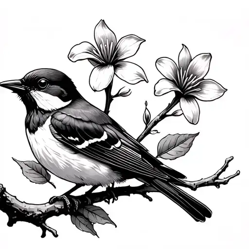a swallow sitting on a branch with two flowers in its beak tattoo design idea