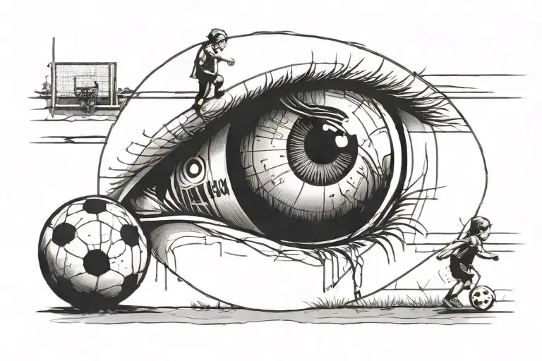 huge eye with a little girl walking onto a soccer field in the   "death by football"  in grafitti  tattoo design idea