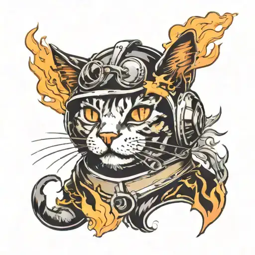 cat between fire helmet engulfed in flames tattoo design idea