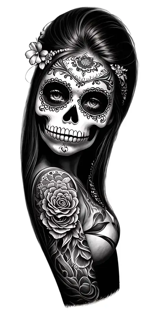 sugar skull girl, colorful, realistic tattoo design idea