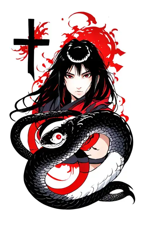 cross, sumarai temple, sharingan and rinnegan from sasuke , snake, japanese woman tattoo design idea