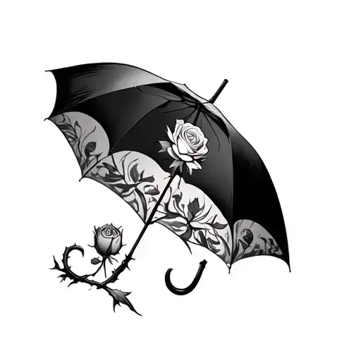 A Bring Me The Horizon umbrella as the main element, surrounded by symbolic motifs from fantasy stories — a thorned rose tattoo design idea