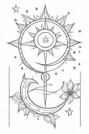 crescent moon, lotus, sun, eye, sword, stars bohemian feminine. Thin line. long tattoo. tattoo design idea