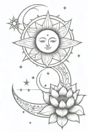 crescent moon, lotus, sun, eye, sword, stars bohemian feminine. Thin line. long tattoo. tattoo design idea