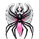A humanoid angel that it's white wings with pink accent looking like she's happy wearing black on black spider tattoo design idea