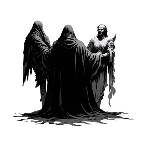 cloaked death with his back facing me standing to the left of a man with and angel standing to the man's right tattoo design idea
