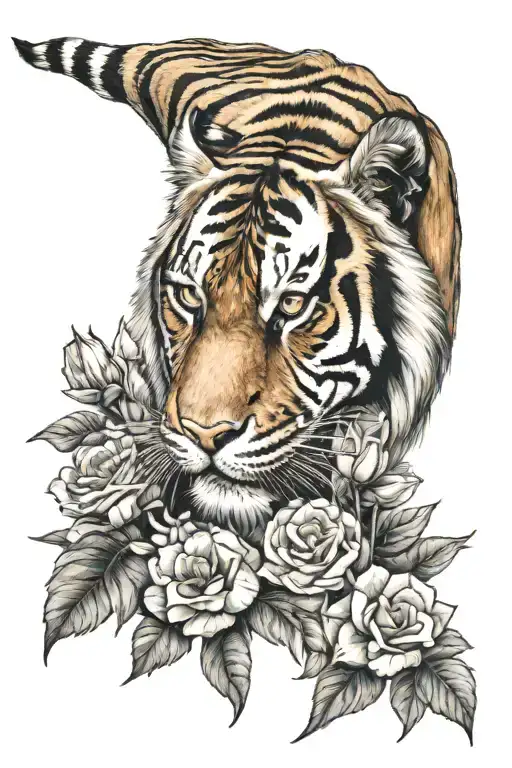 tiger surrounded by flowers tattoo design idea