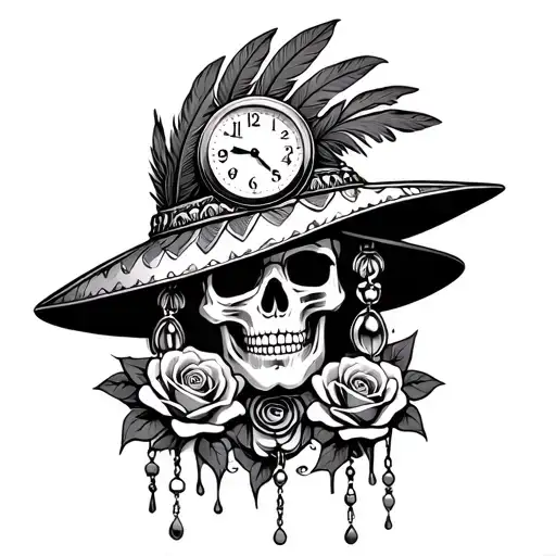 rosary beads with skull wearing feather indian hat melting clock roses to tattoo design idea