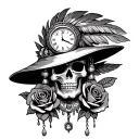 rosary beads with skull wearing feather indian hat melting clock roses to tattoo design idea