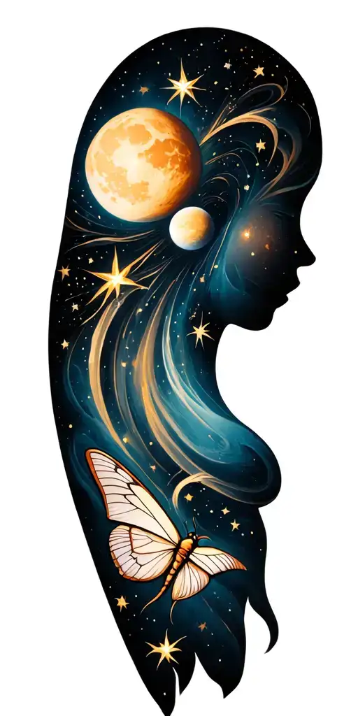 Design a sleeve tattoo incorporating 13 moons to symbolize the lunar year and the special meaning of the number 13. Include a bright planet to represent your Dad, surrounded by 7 stars for all of your parents' mokopuna. Make one star stand out for your daughter Aria, and add 7 Puriri moths in different positions to represent your mum, yourself, and your 5 sisters, with a larger moth for your mum. Highlight your close relationship with Ana, the 3rd youngest sibling. tattoo design idea