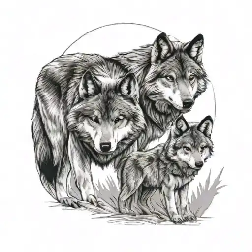 family of wolves 2 adult 3 childrwn tattoo design idea
