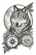 wolf compass forest landscape moon time  tattoo design idea