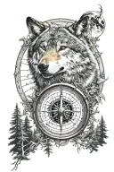 wolf compass forest landscape moon time  tattoo design idea
