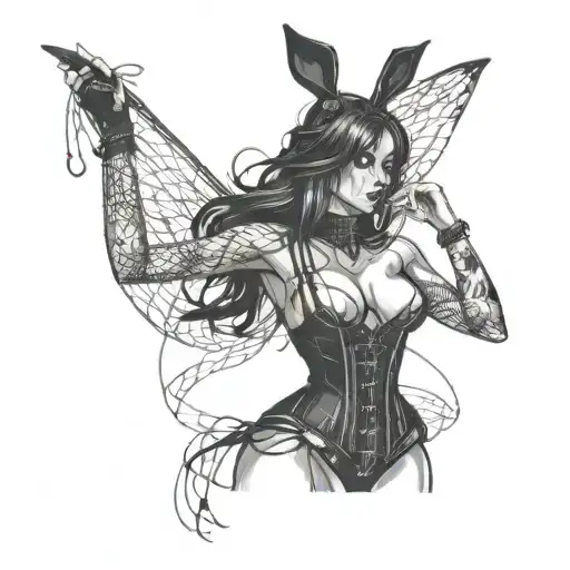 Silhouette of a Stripper with a corset fishnet and bunny ears G-String  tattoo design idea