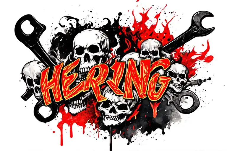 "HERRING" SKULLS AND FIRE WITH SMOKE AND WRENCHES LIKE PIRATE FLAG tattoo design idea